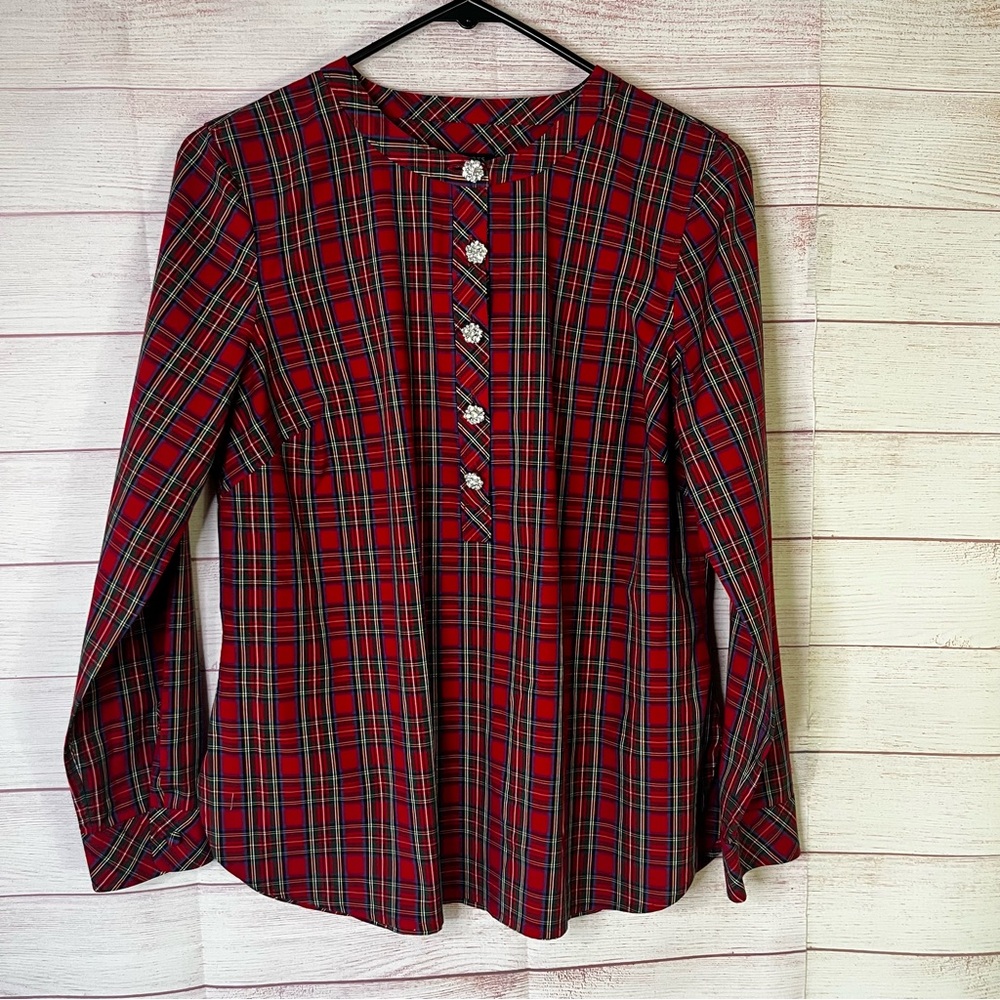 Talbots Plaid‎ Rhinestone Buttons Band Collar Top Size MP